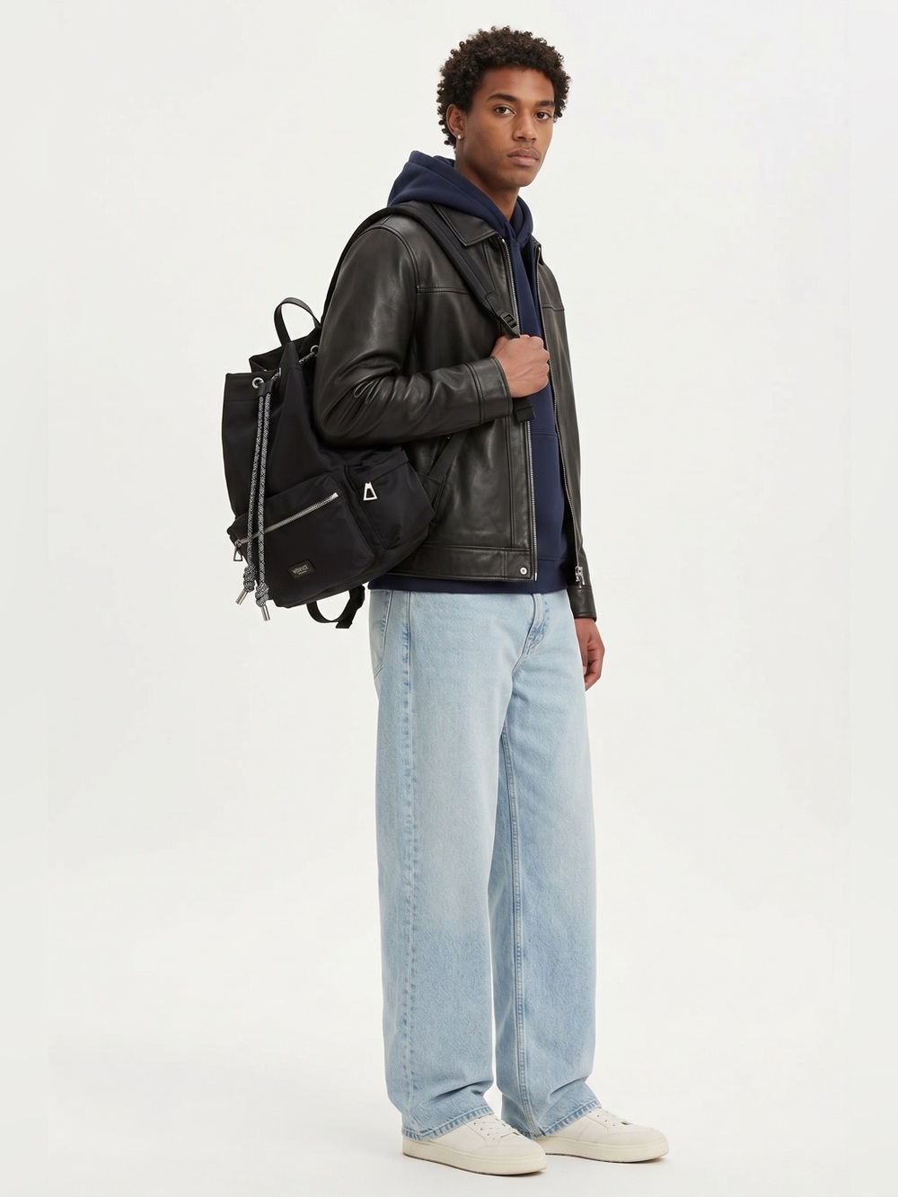 Versace Black Nylon Drawstring Backpack with Contrast Rope
